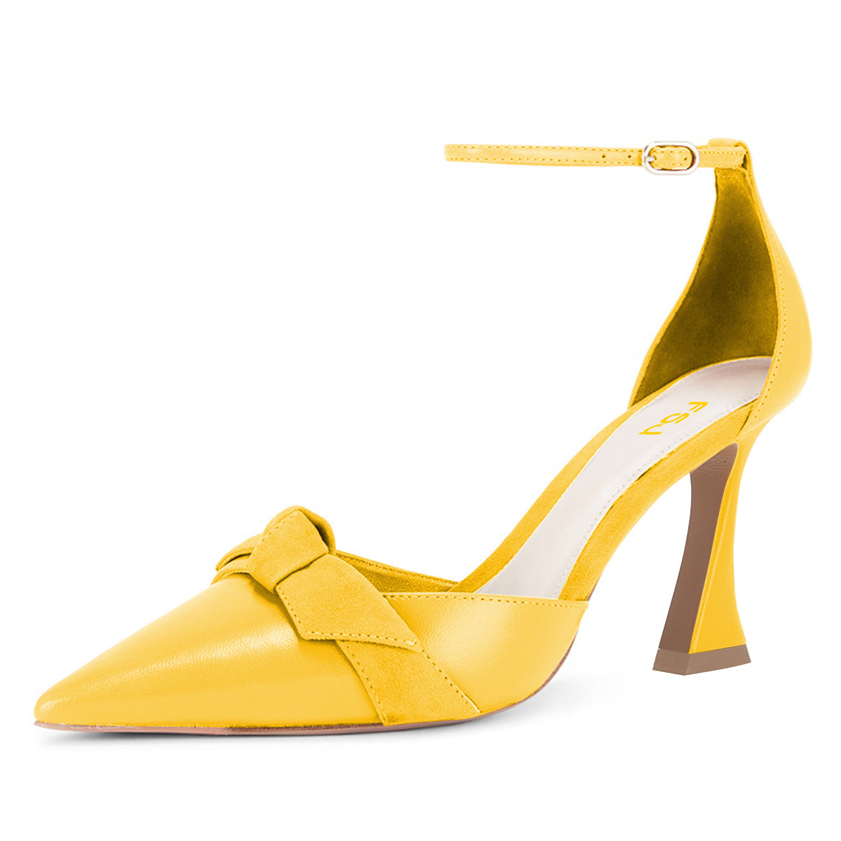 Yellow Flared Heel Bowknot Studded Ankle Strap Pumps for Women