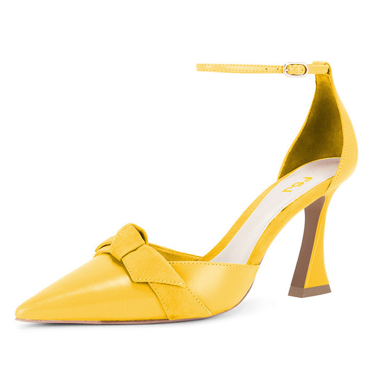 Yellow Flared Heel Bowknot Studded Ankle Strap Pumps for Women
