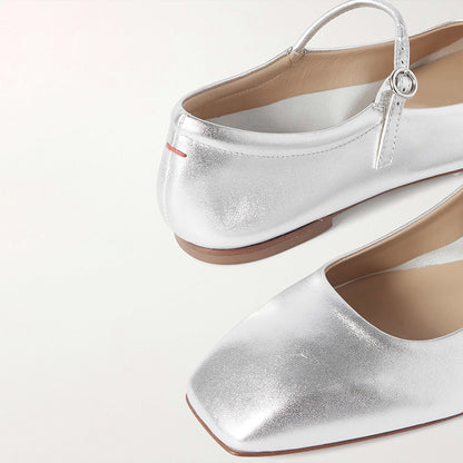 Silver Metallic Finish Square Toe Comfy Mary Jane Flats for Women