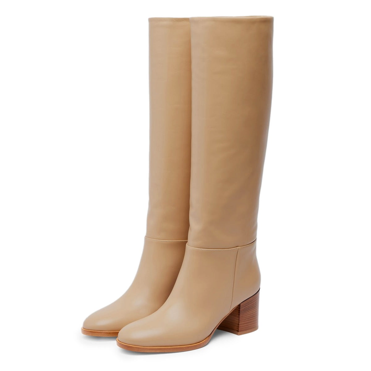 Classic Khaki Block Heel Vegan Leather Knee High Boots for Women