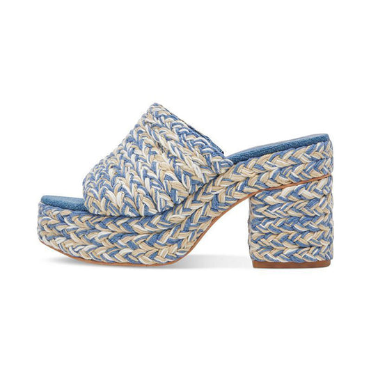 Multicolor Woven Open Round Toe Block Heel Platform Mules Sandals