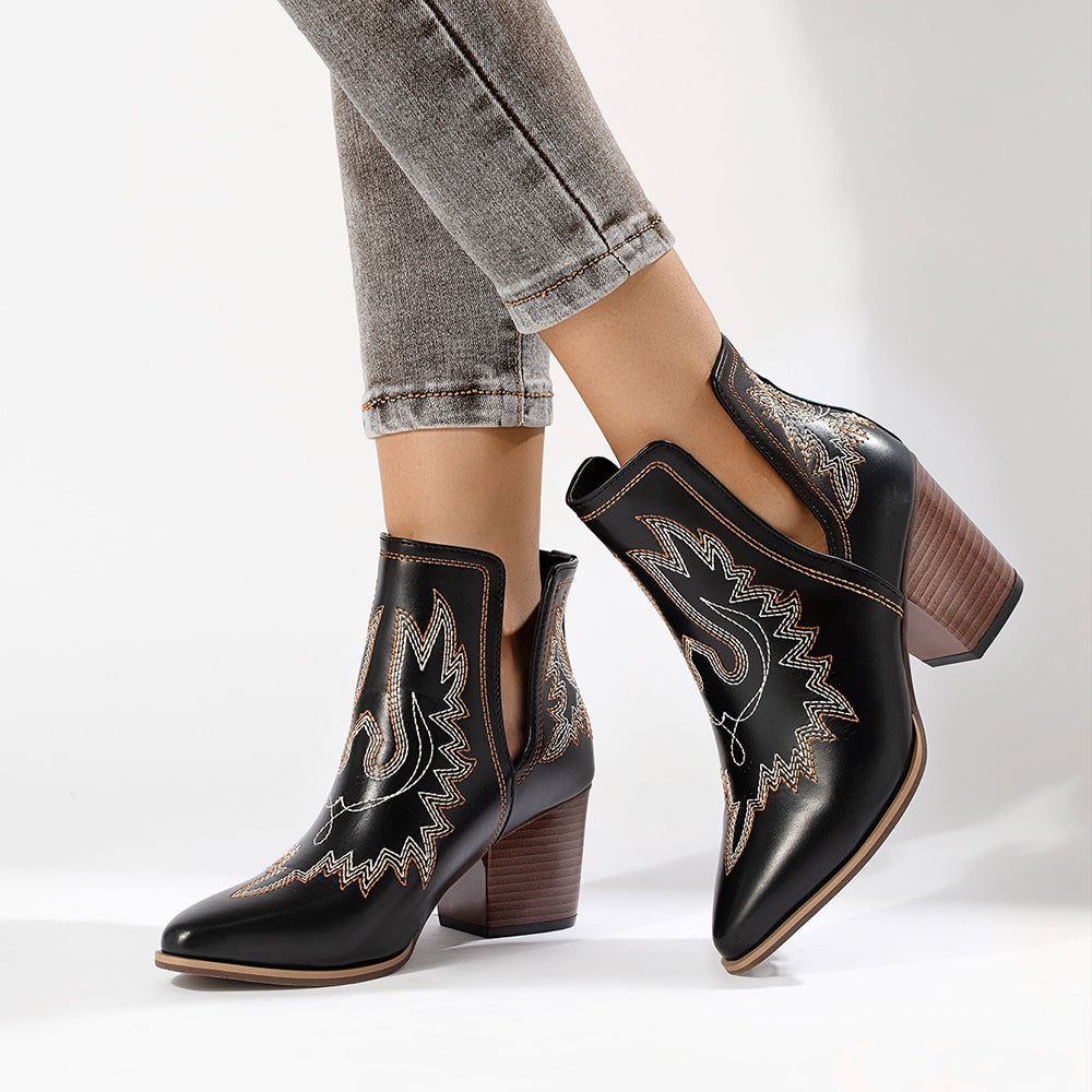 Black Closed Toe Chunky Heel Western Ankle Boots