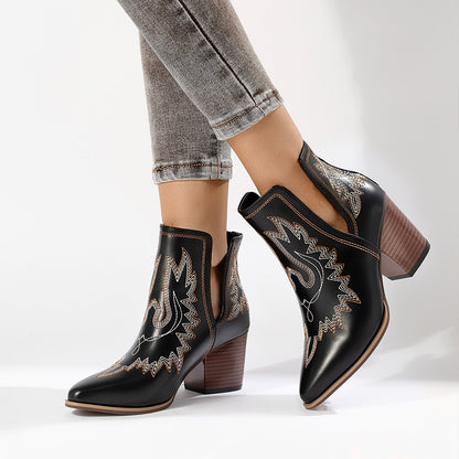 Black Closed Toe Chunky Heel Western Ankle Boots