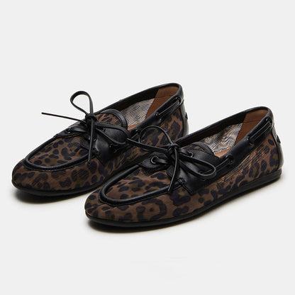 Fashion Lace Up Round Toe Brown Women's Loafer Leopard Flats