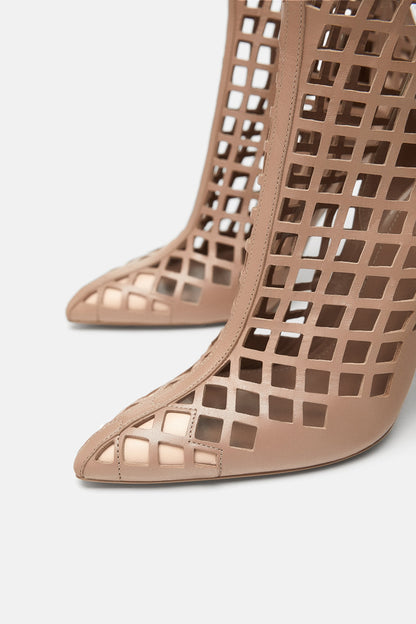 Nude Closed Toe Zip Closure Caged High Heel Mid Calf Boots for Women