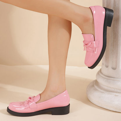 Pink Patent Leather Closed Toe Chunky Heel Formal Loafers