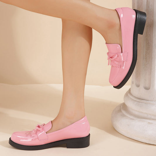 Pink Patent Leather Closed Toe Chunky Heel Formal Loafers