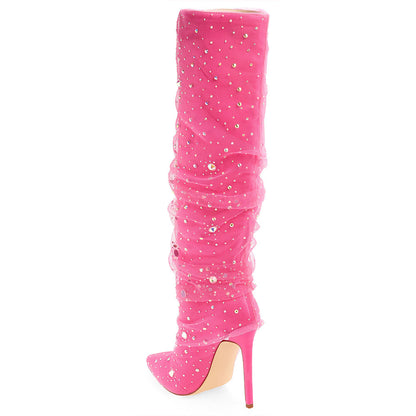 Pink Stiletto Shoes Pointy Toe Ruched Mesh Crystal Knee High Boots