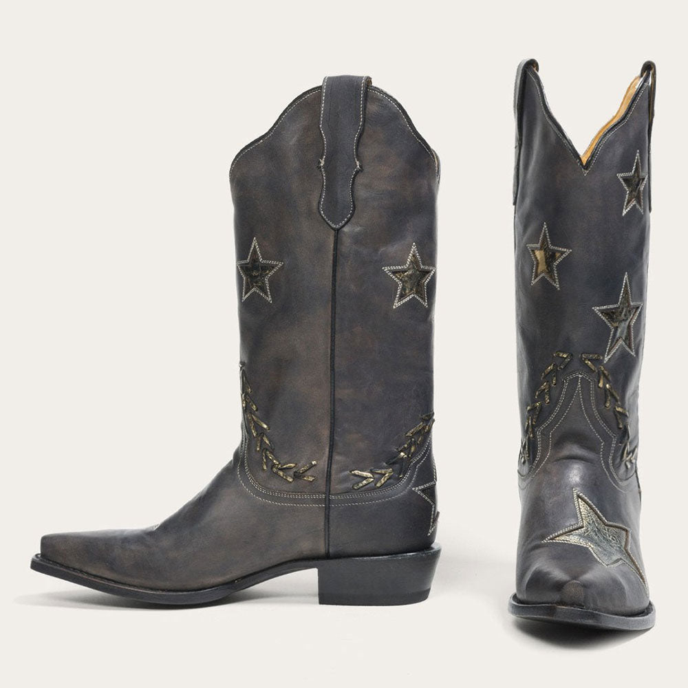 Distressed Black Snip Toe Stitching Star Inlay Mid-Calf Cowgirl Boots