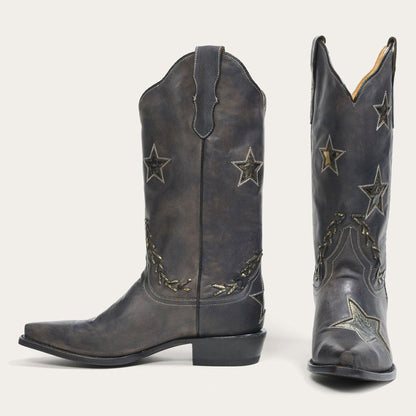 Distressed Black Snip Toe Stitching Star Inlay Mid-Calf Cowgirl Boots