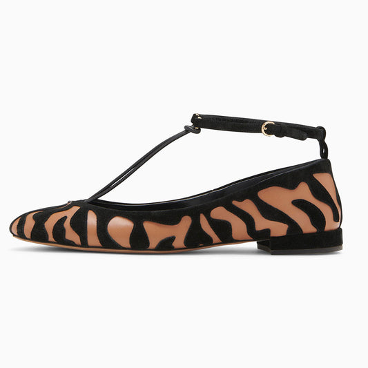 Brown & Black Almond Toe Animal Pattern Overlay T-Strap Flats