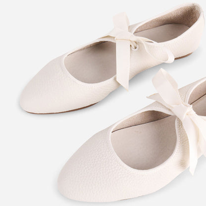Ivory Closed-Toe Lace-Up Casual Ballet Flats with Straps