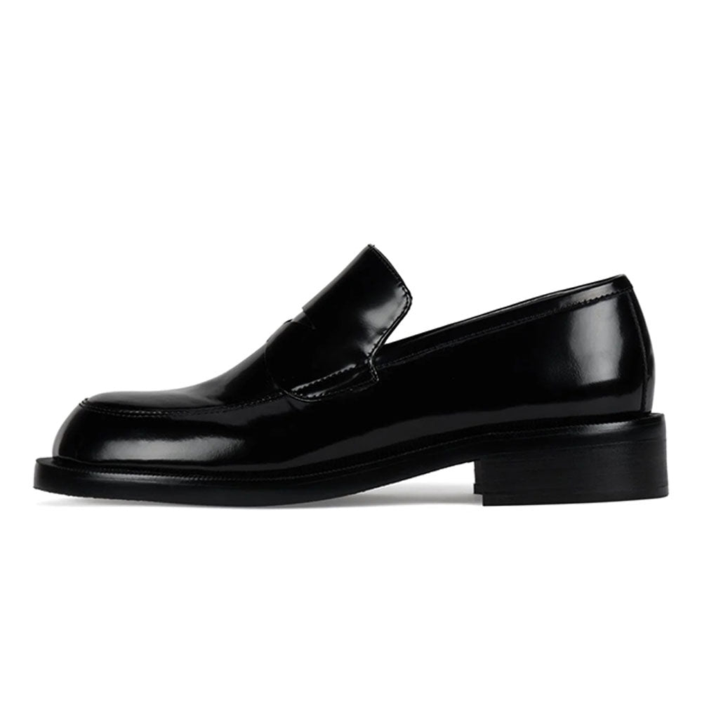 Vegan Leather Round Toe Chunky Heel Black Penny Loafers Women