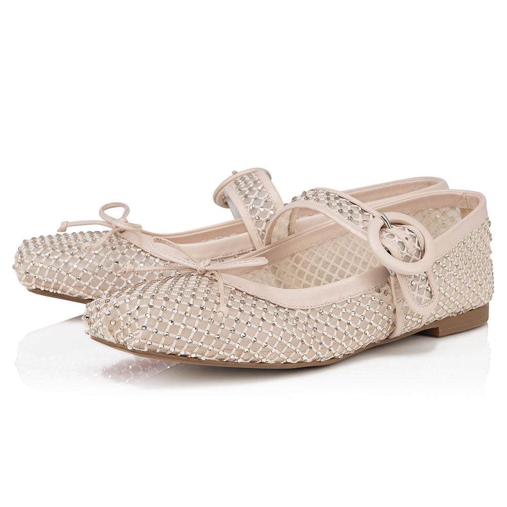 Nude Mesh Square Toe Bow Decor Rhinestone Ballet Flats for Women