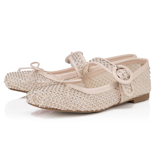 Nude Mesh Square Toe Bow Decor Rhinestone Ballet Flats for Women