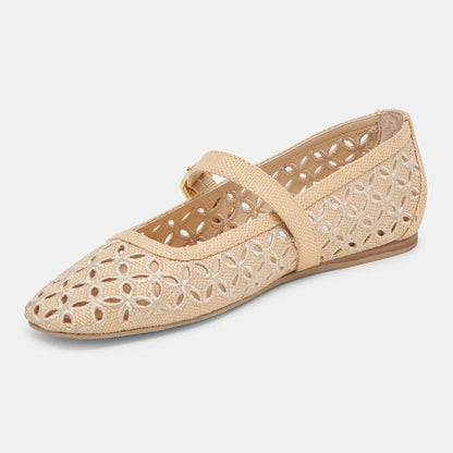 Beige Raffia Woven Square Toe Cut-Out Buckle Strap Ballet Flats