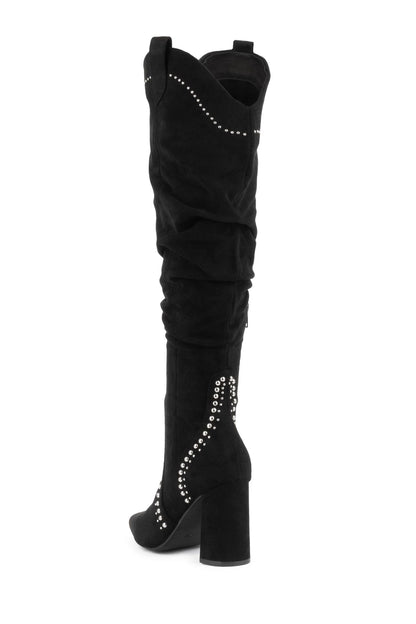 Black Vegan Suede Studs Chunky Heel Knee High Boots