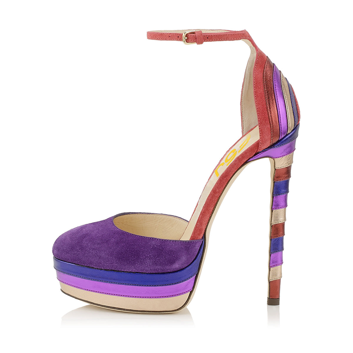 Women's Multicolor Striped Round Toe Ankle Strap Platform Pumps