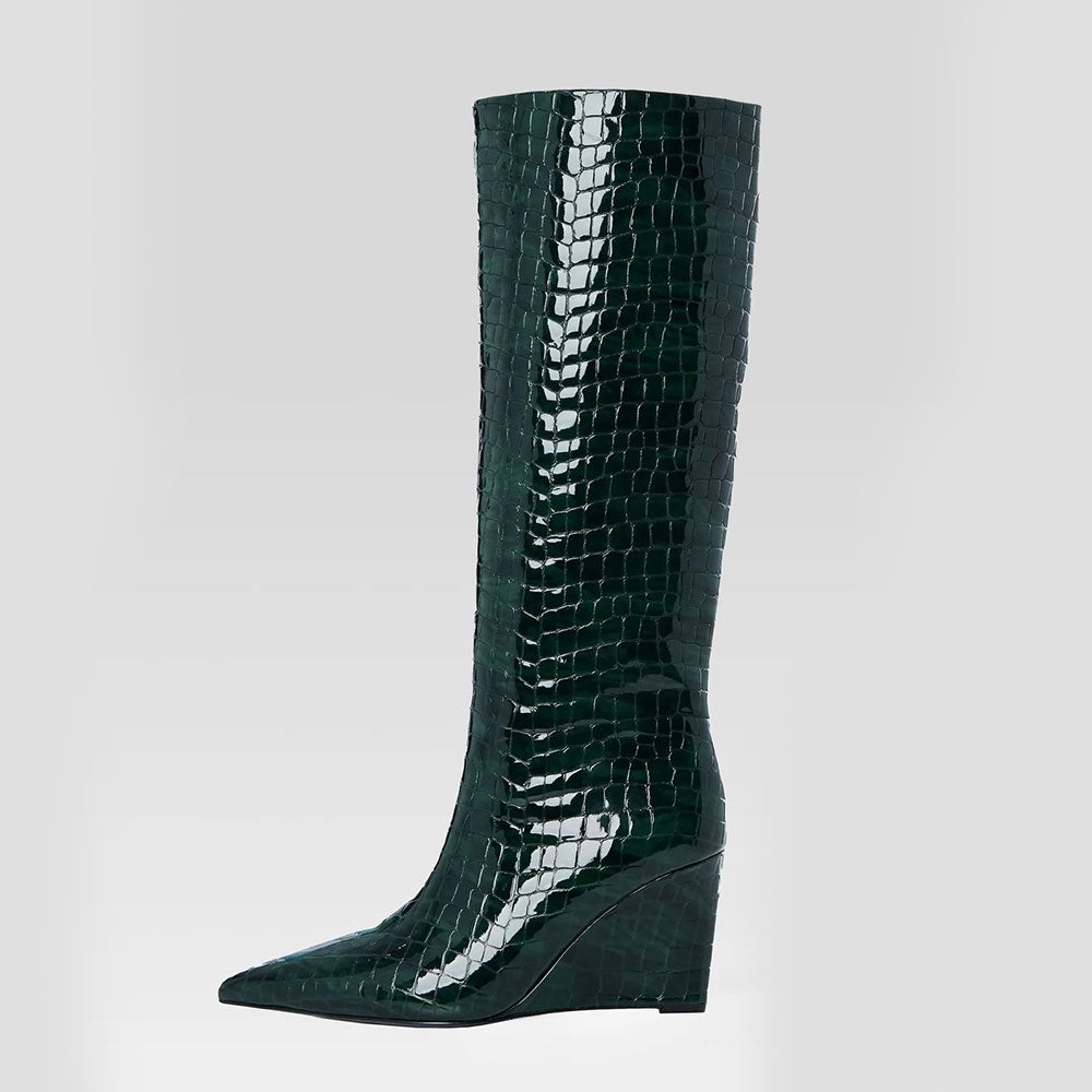 Dark Green Pointed Toe Croc Embossed Wedge Heel Knee High Boots
