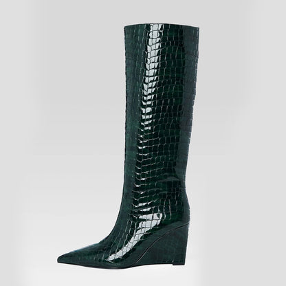 Dark Green Pointed Toe Croc Embossed Wedge Heel Knee High Boots