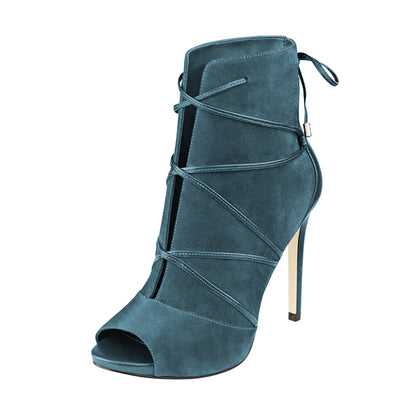 Women's Teal Peep Toe Patchwork Stiletto Heel Strappy Ankle Boots