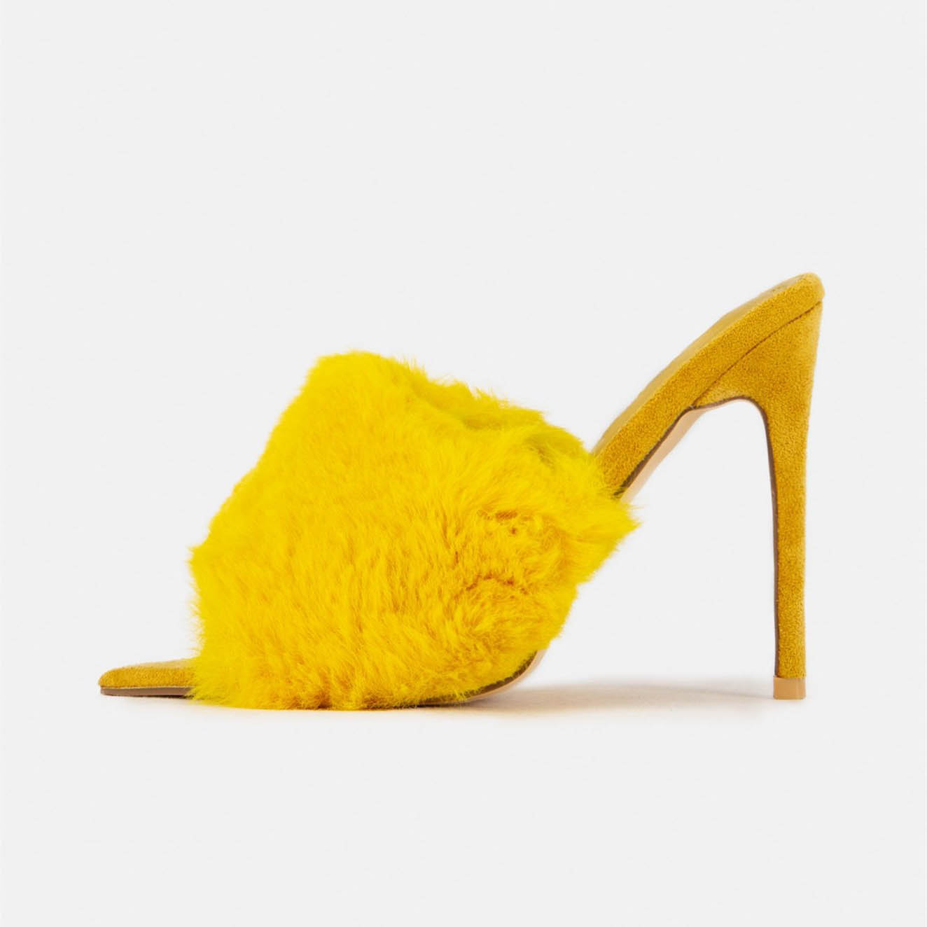 Yellow Peep Toe Stiletto Heel Faux Fur Trending Mules Shoes