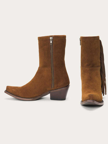 Brown Faux Suede Snip Toe Angle Fringe Zipper Cowgirl Ankle Boots With Chunky Heels