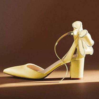 Yellow Satin Pearls Bow Pointed Toe Chunky Heel Buckle Pumps for Women