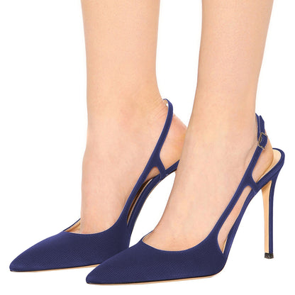 Women's Navy Pointed Toe Heels Buckle Slingback Pumps