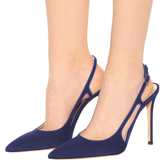 Women's Navy Pointed Toe Heels Buckle Slingback Pumps