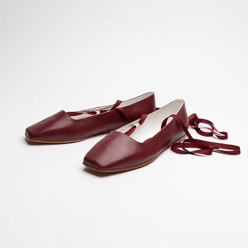 Maroon Vegan Leather Square Toe Lace-Up Comfortable Ballet Flats