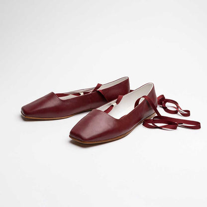 Maroon Vegan Leather Square Toe Lace-Up Comfortable Ballet Flats