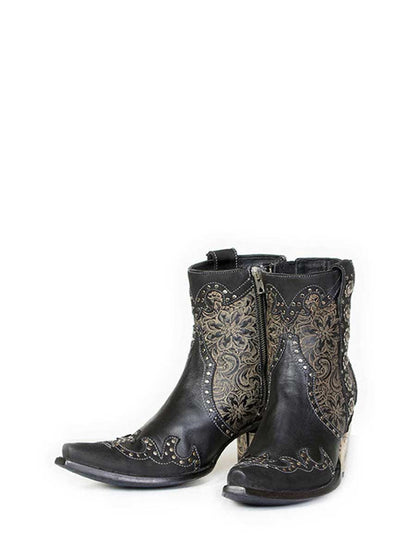 Black Vegan Leather Snip Toe Floral Printed Studded Block Heeled Cowgirl Ankle Boots