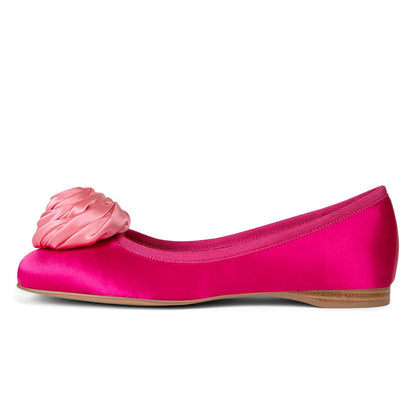 Satin Square Toe Rose Embellishment Ballet Flats in Hot Pink