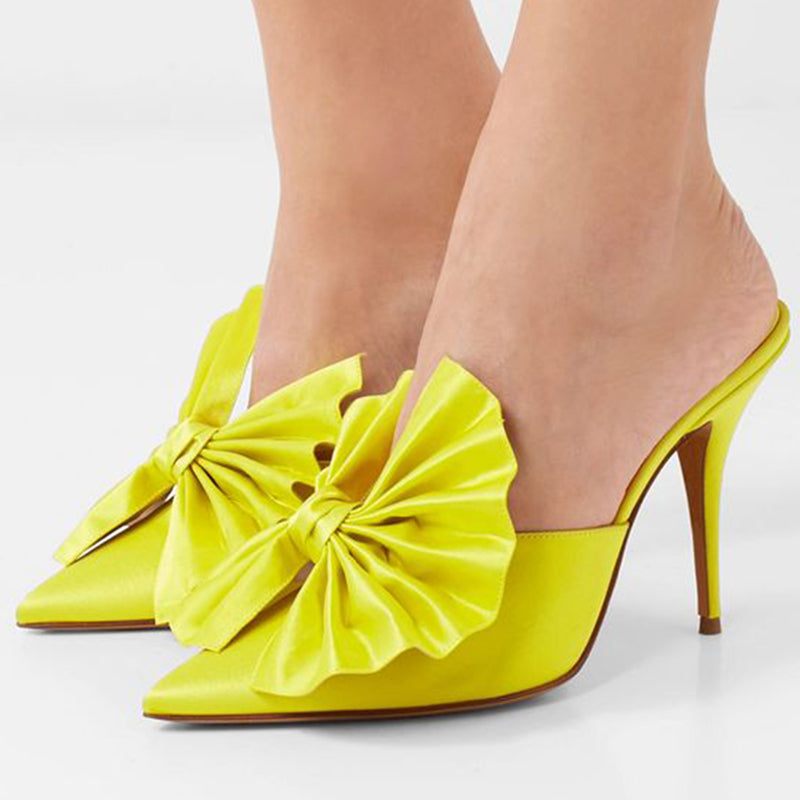 Yellow Pointed Toe Satin Folded Bow Stiletto Heel Mules for Women