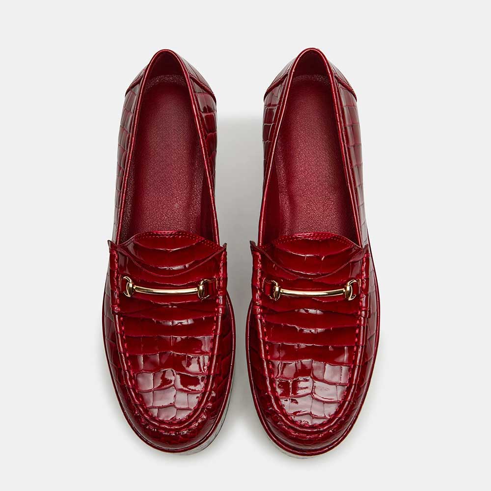 Red Crocodile Embossed Metal Strap Round Toe High Platform Loafers