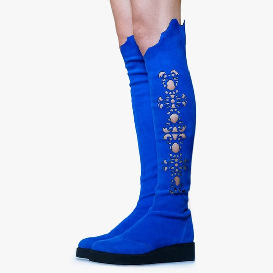 Royal Blue Vegan Suede Hollow Out Flat Knee High Boots