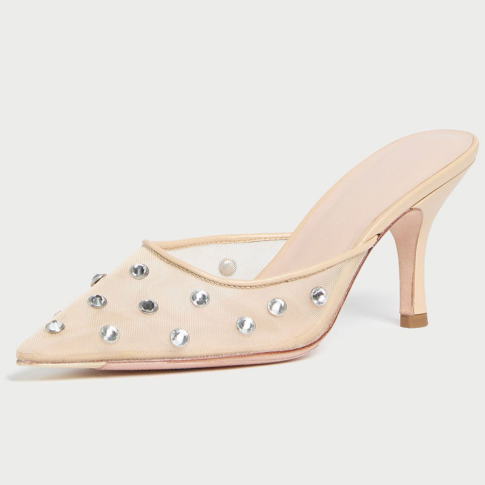 Beige Mesh Slip-On Pointed Toe Rhinestone Embellished Heeled Mules