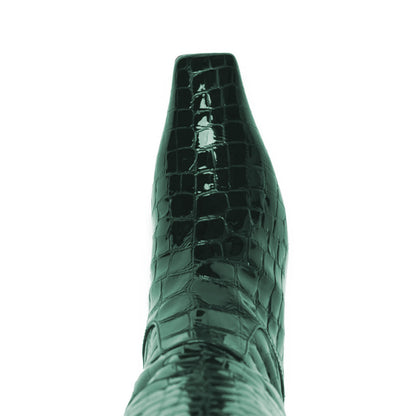 Green Crocodile Embossed Square Toe Low Heel Knee High Boots for Women