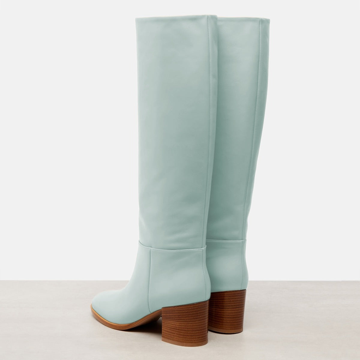 Light Blue Round Toe Block Heel Vegan Leather Knee High Boots