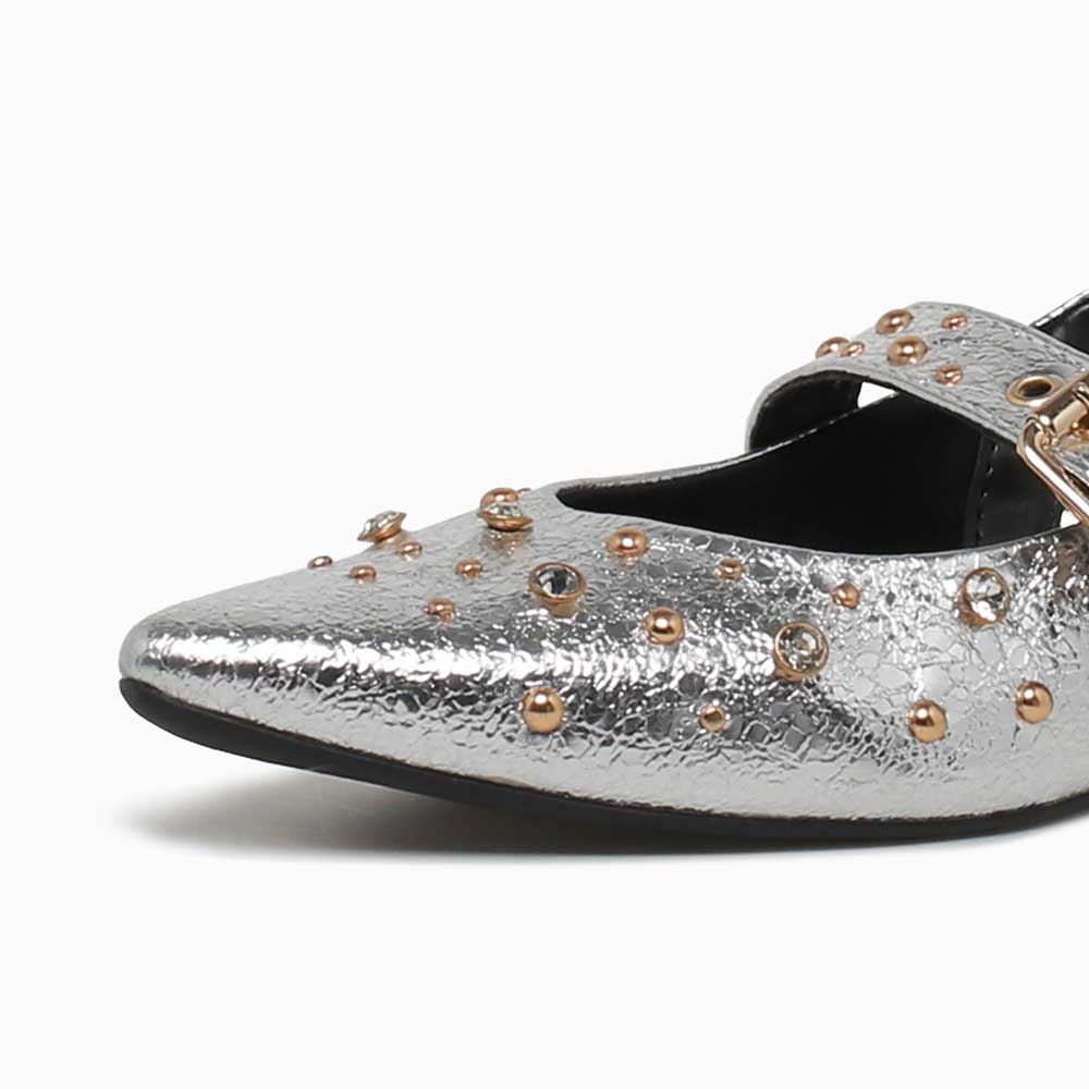 Pointed Toe Studded Buckled Strap Flats Slingback Shoes in Silver