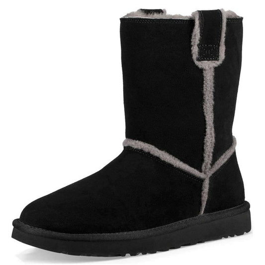 Black Vegan Suede Round Toe Flat Furry Lined Winter Boots for Women