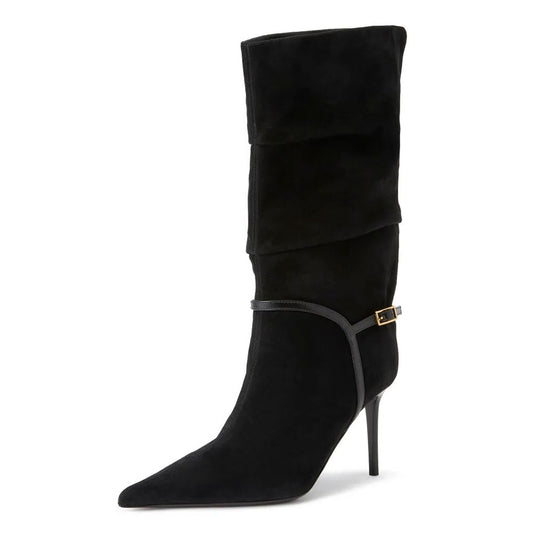 Black Pointed Toe Pleated Buckle Strap Vegan Suede Mid Calf Boots