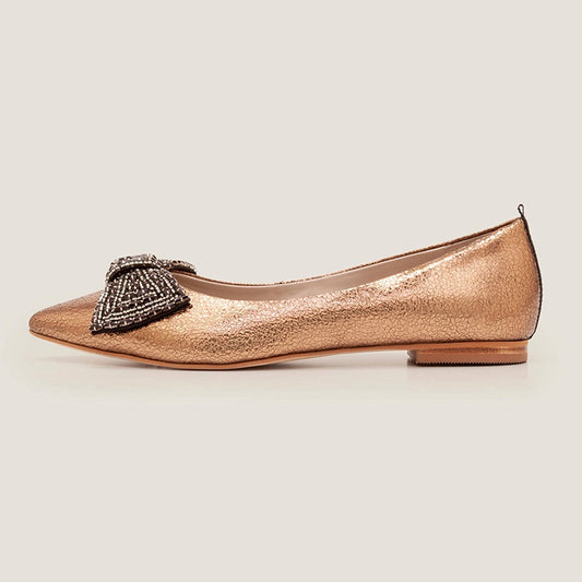Rose Gold Pointy Toe Beaded Bow Comfortable Flats