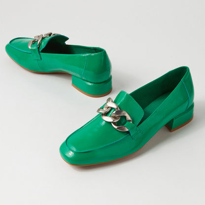 Green Patent Leather Metal Chain Women's Loafers with Block Heel