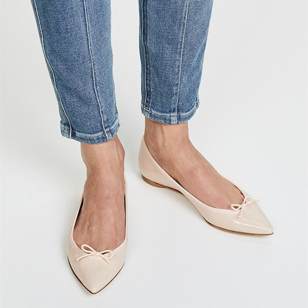 Nude Patent Leather Pointed Toe Women's Ballet Flats with Bow