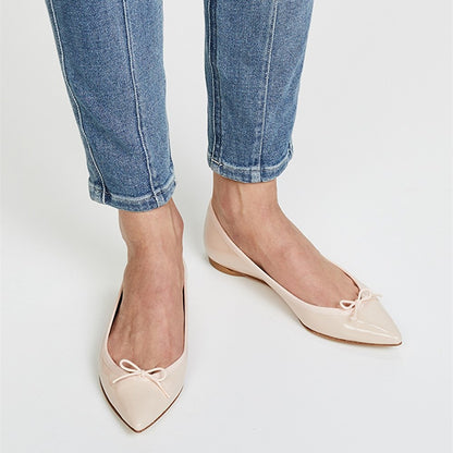 Nude Patent Leather Pointed Toe Women's Ballet Flats with Bow