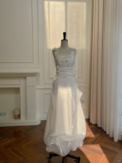 Elegant And Simple White Bud Square Neck Suspender Satin Prom Dress Evening Dress Bridesmaid Dress P4048