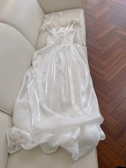 Elegant And Simple White Bud Square Neck Suspender Satin Prom Dress Evening Dress Bridesmaid Dress P4048