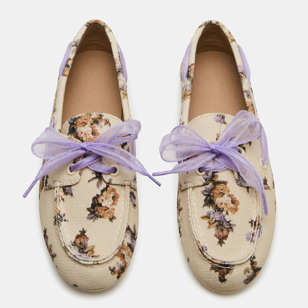 Women's Beige Lace Up Closed Toe Grommet Loafer Flats with Flowers